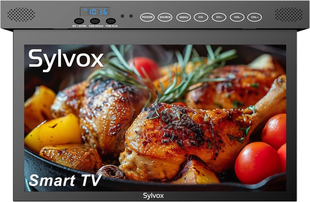 SYLVOX 15.6' Flip Down Smart TV Under Cabinet Google TV Supports 360 Degree Rotation WiFi & Wireless Connection, Storage Design for Kitchen Bedroom RV Yacht (Classic Black)