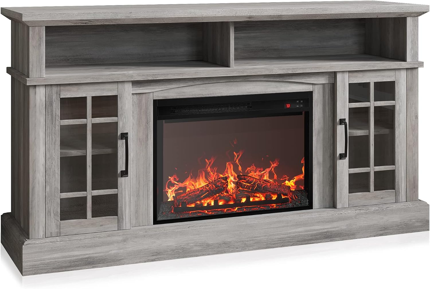 BELLEZE Traditional 58' Rustic TV Stand with 23' Electric Fireplace Heater with Sound, Media Entertainment Center Console Table for TV up to 65' with Open Storage Shelves and Cabinets - Grey Wash