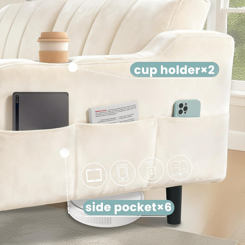80' Velvet Futon Sofa Bed, Convertible Sleeper Loveseat with Cup Holders & Storage Pockets, Mid Century Modern Couch for Living Room, Bedroom, Office, Small Space (Off-White)