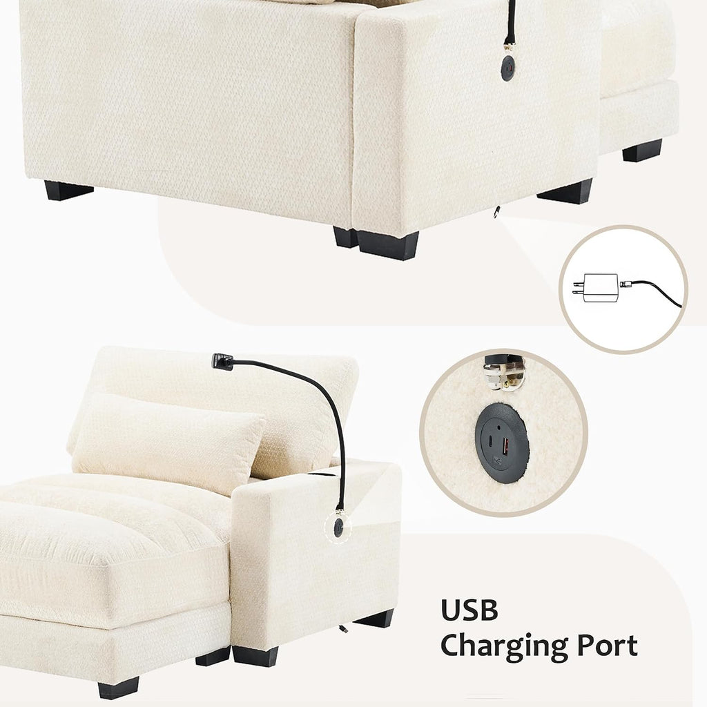 Yoglad Oversized Recliner Lounge Chair with USB Charging & Phone Holder - 400lb Heavy Duty Soft Chenille Reading Chair for Adults, Perfect for Small Spaces in Bedroom/Living Room, Beige