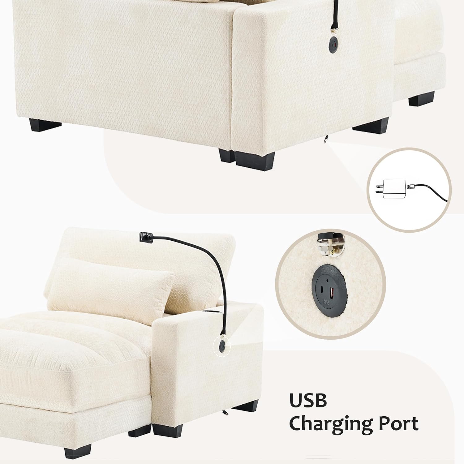 Yoglad Oversized Recliner Lounge Chair with USB Charging & Phone Holder - 400lb Heavy Duty Soft Chenille Reading Chair for Adults, Perfect for Small Spaces in Bedroom/Living Room, Beige