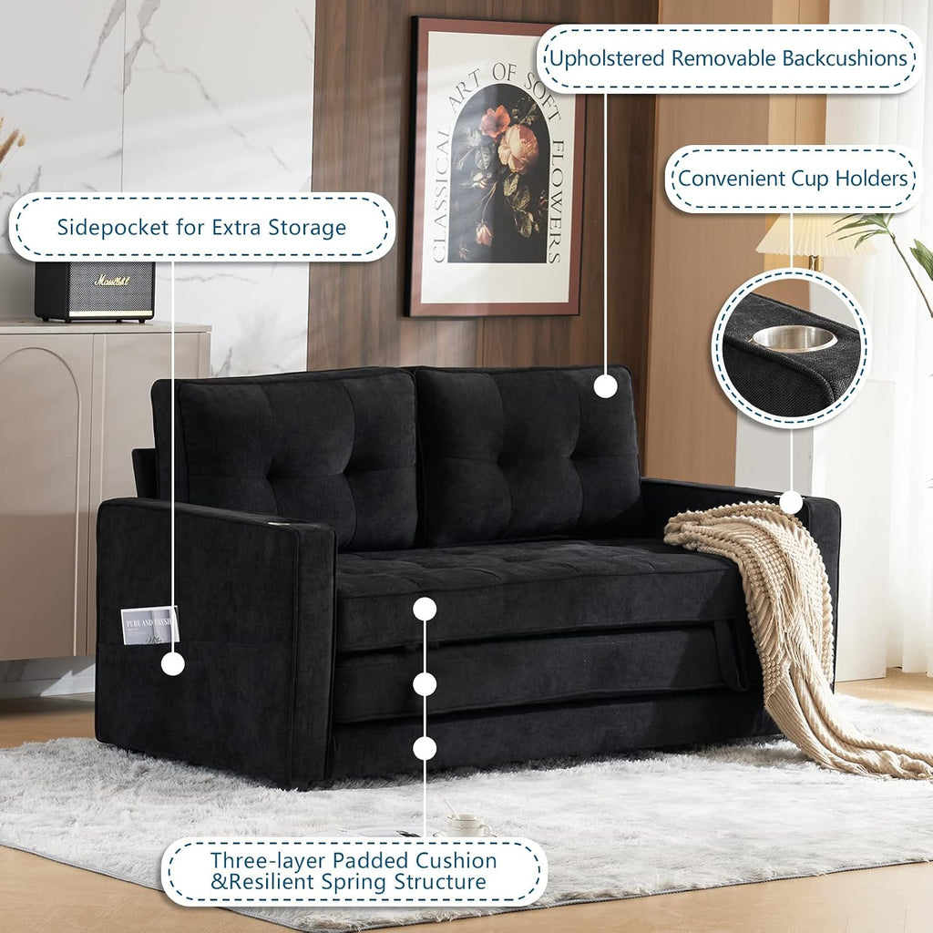 VINGLI Upgraded 64' W 84' L Full Size Futon Sofa Bed, 6' Thick Upholstery Chenille Loveseat Sofa Sleeper Pull Out Couch,Convertible Floor Couch for Living Room, Bedroom, Entertainment Room, Black