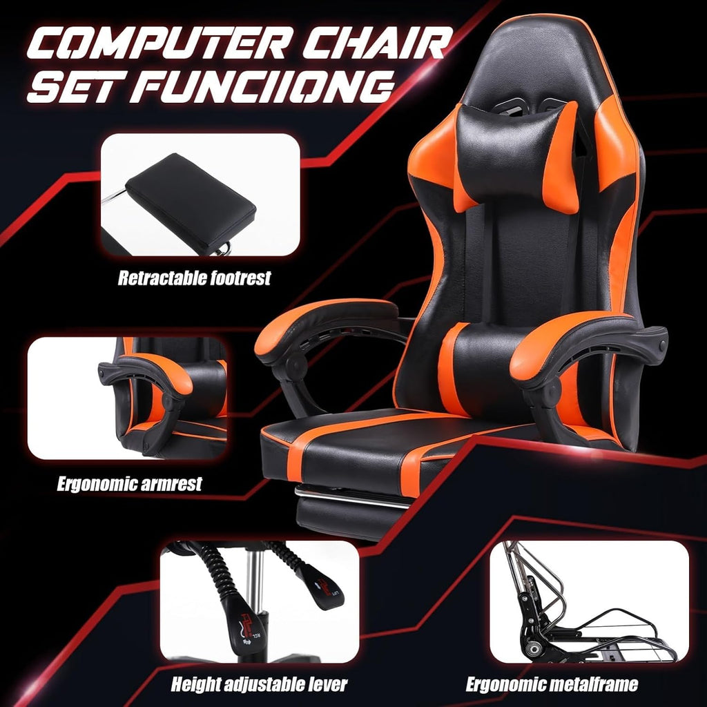 Video Game Chairs for Adults, PU Leather Gaming Chair with Footrest, 360° Swivel Adjustable Lumbar Pillow Gamer Chair, Comfortable Computer Chair for Heavy People, Purple