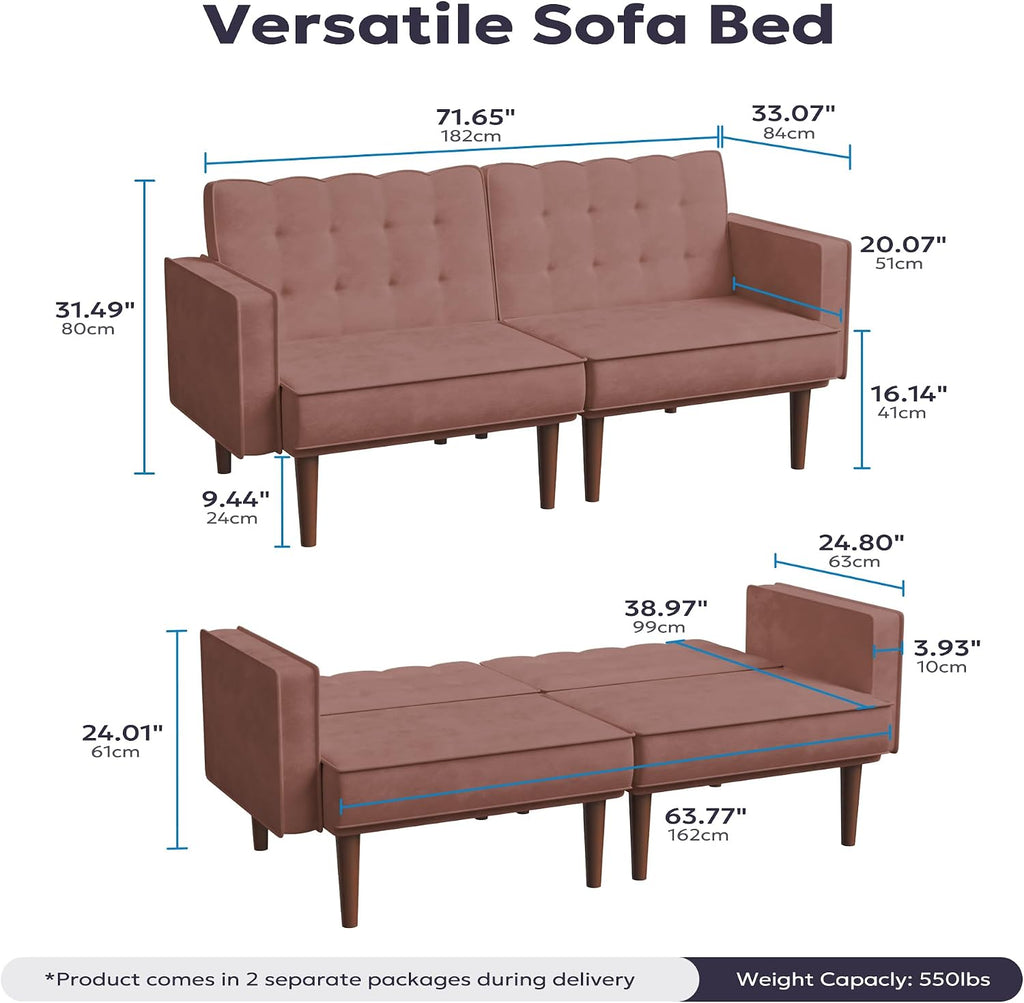 Furnify 71' Velvet Futon Sofa Bed, Versatile Loveseat Couch, Sleeper Sofa with Adjustable Backrest, Mid Century Modern Futon Couch for Small Space, Living Room, Office & Apartment, Velvet Fabric Pink