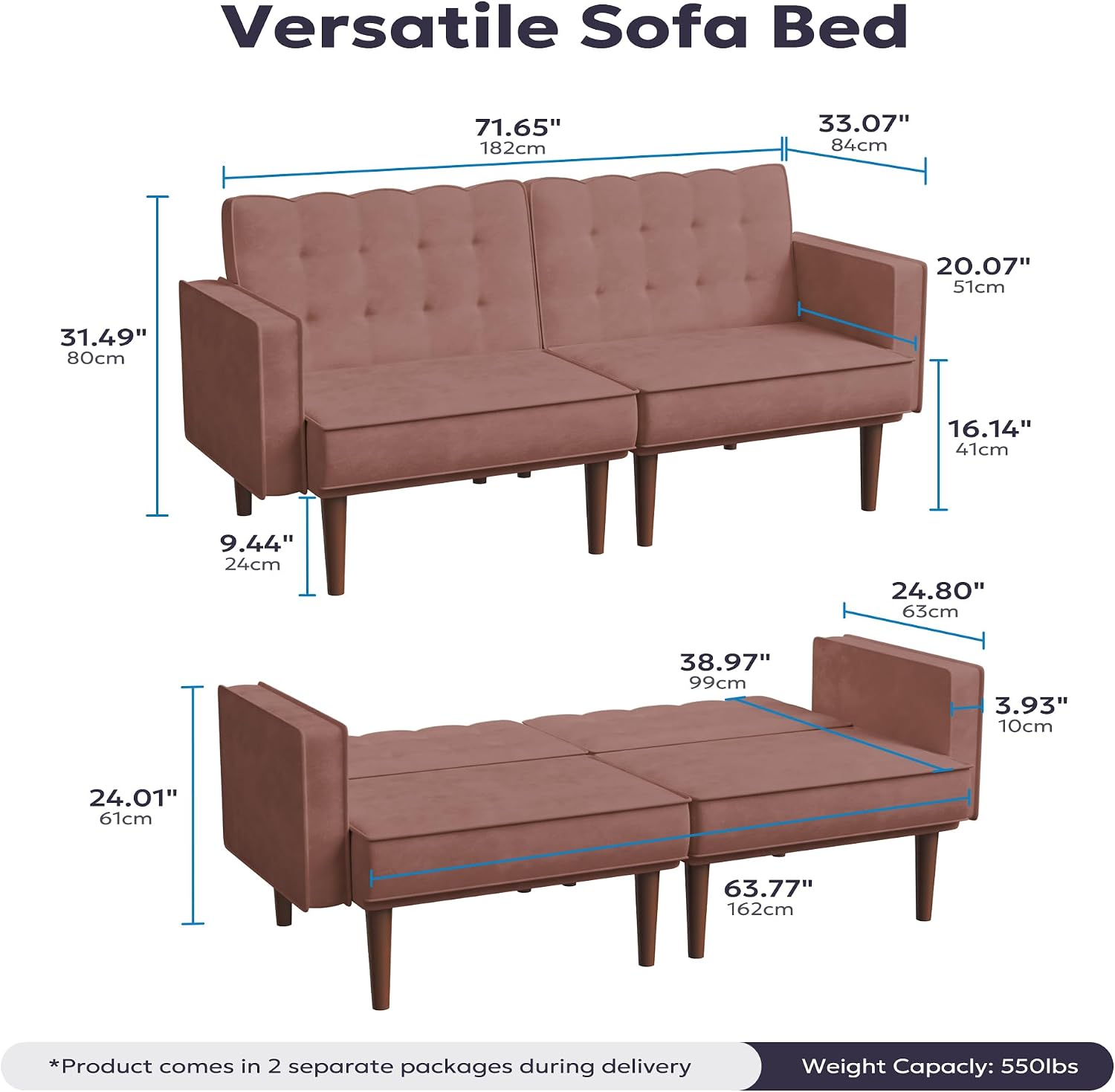 Furnify 71' Velvet Futon Sofa Bed, Versatile Loveseat Couch, Sleeper Sofa with Adjustable Backrest, Mid Century Modern Futon Couch for Small Space, Living Room, Office & Apartment, Velvet Fabric Pink
