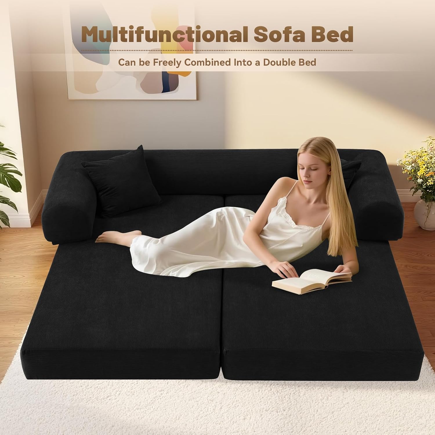Convertible Futon Sofa Bed,80' Folding Pull Out Couch with Pillows & Storage Pocket (Black, Corduroy-35.5'W)