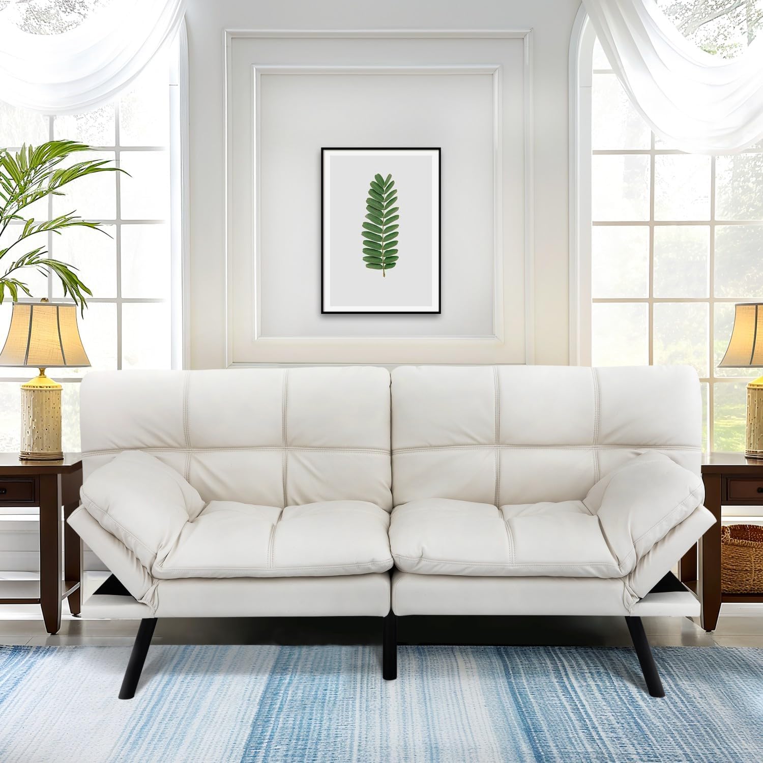 MUUEGM 71' Futon Sofa Bed, Convertible Couch Filled with Memory Foam, Modern Loveseat with Adjustable Backrest&Armrest, Sofas for Living Room,Game Room,Dormitory,Office.White Leather