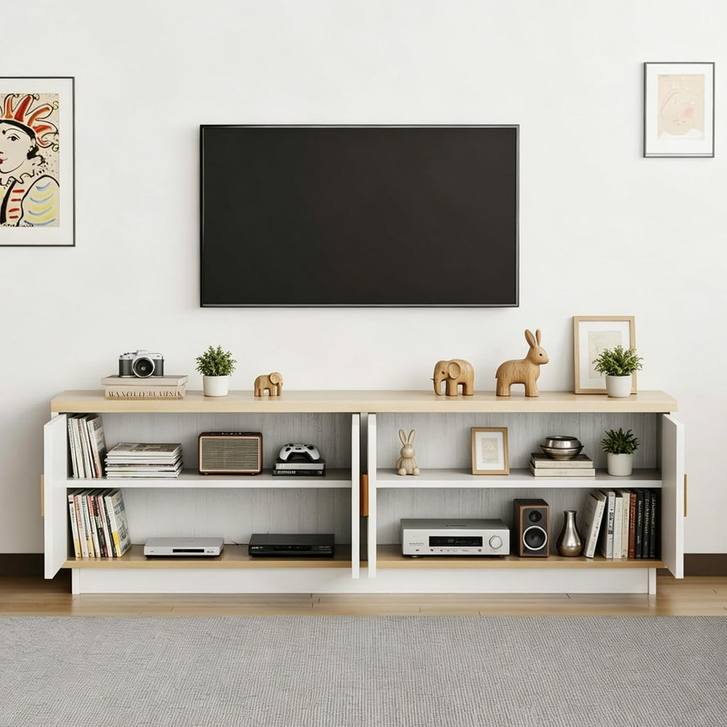 PROXRACER Rattan TV Stand for 65 Inch TV, Boho Media Console with 4 Woven Cane Doors, Modern Farmhouse Entertainment Center, Low Profile TV Cabinet with Storage for Living Room, White & Light Wood