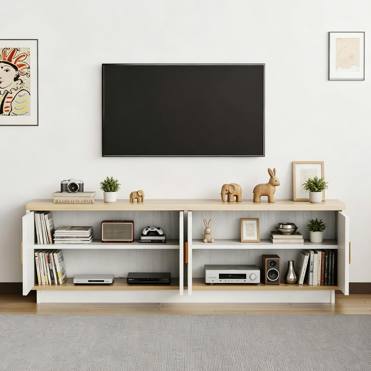 PROXRACER Rattan TV Stand for 65 Inch TV, Boho Media Console with 4 Woven Cane Doors, Modern Farmhouse Entertainment Center, Low Profile TV Cabinet with Storage for Living Room, White & Light Wood