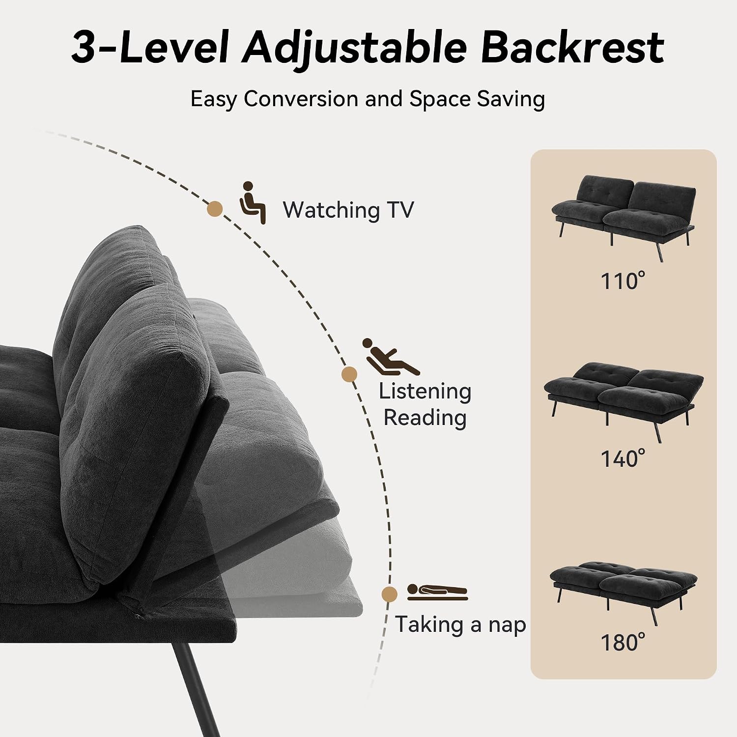 Convertible Futon Sofa Bed with Adjustable Backrest & Detachable Cushions – Plush Terry Cloth Fabric Futon Couch Bed, Morden Folding Loveseat for Living Room,Office,Apartment,Retro Black