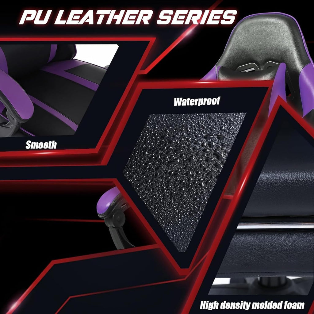 Video Game Chairs for Adults, PU Leather Gaming Chair with Footrest, 360° Swivel Adjustable Lumbar Pillow Gamer Chair, Comfortable Computer Chair for Heavy People, Purple