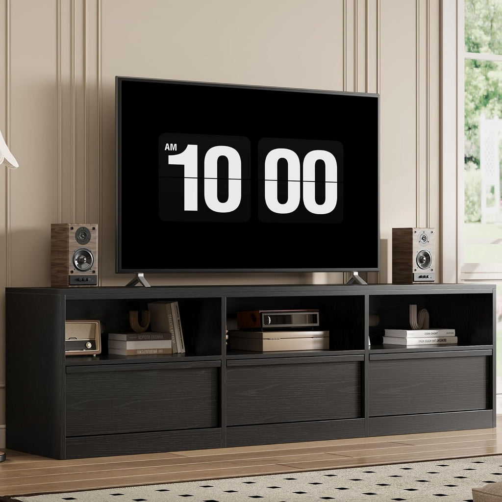 IDEALHOUSE 70 inch TV Stand for 80' TVs, Mid Century Modern Entertainment Center with Storage Drawer & Open Shelves, Wood Media Console Cabinet for Living Room/Bedroom, Black