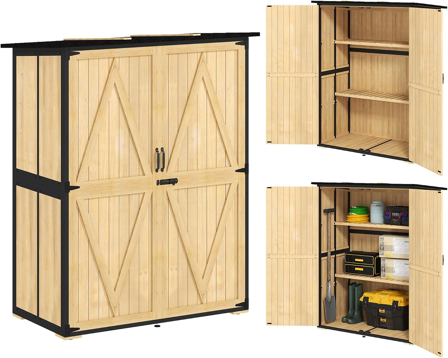 Outsunny Outdoor Storage Cabinet, Wood Garden Tool Shed with Steel Frame and Asphalt Roof, Garden Storage Shed with 2 Shelves, Lockable Doors and Adjustable Feet for Patio Backyard Lawn, Natural