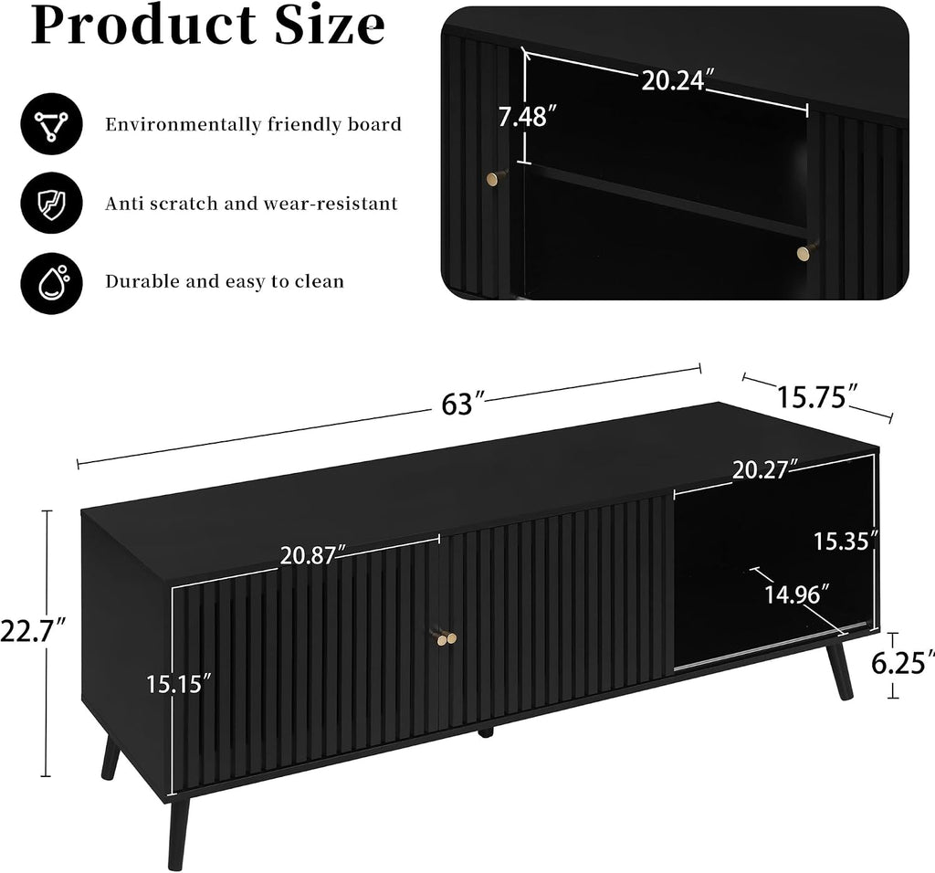 Oubayajia Mid Century Modern TV Stand for Televisions up to 70 Inches, with Sliding Doors and Storage, Television Stands, TV Consoles, Media Consoles for Living Room, 63 Inch (Black)