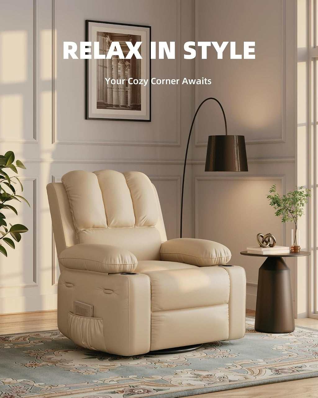 22 in Leather Recliner Chair for Adults, Overstuffed Manual Recliner Chair, Single Sofa with Cup Holder and Side Pockets, Upholstered Chair for Living Rooms, Creamy