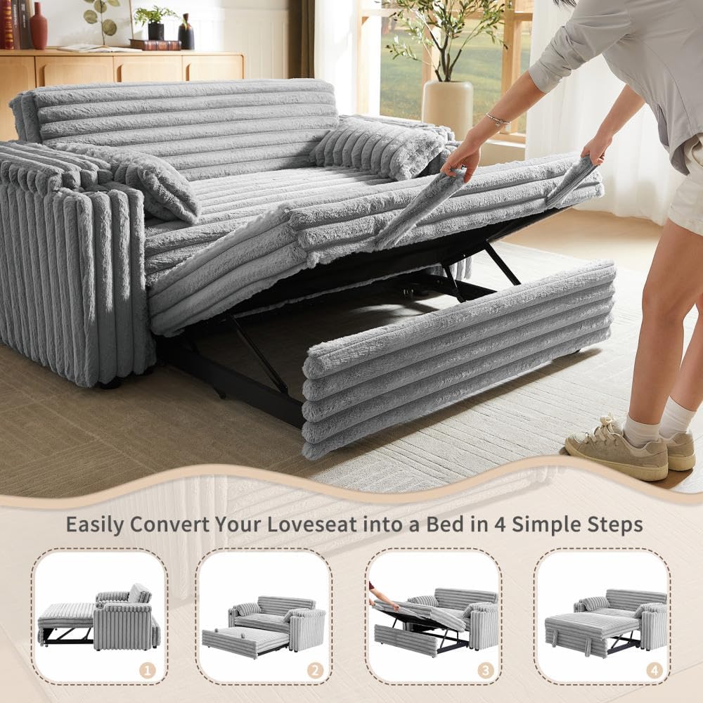 hansones 68.11' Corduroy Sleeper Chair Bed with USB Port, Cup Holders & Side Storage Pockets – 3-in-1 Foldable Sofa Bed for Guest Room, Living Room– Gray