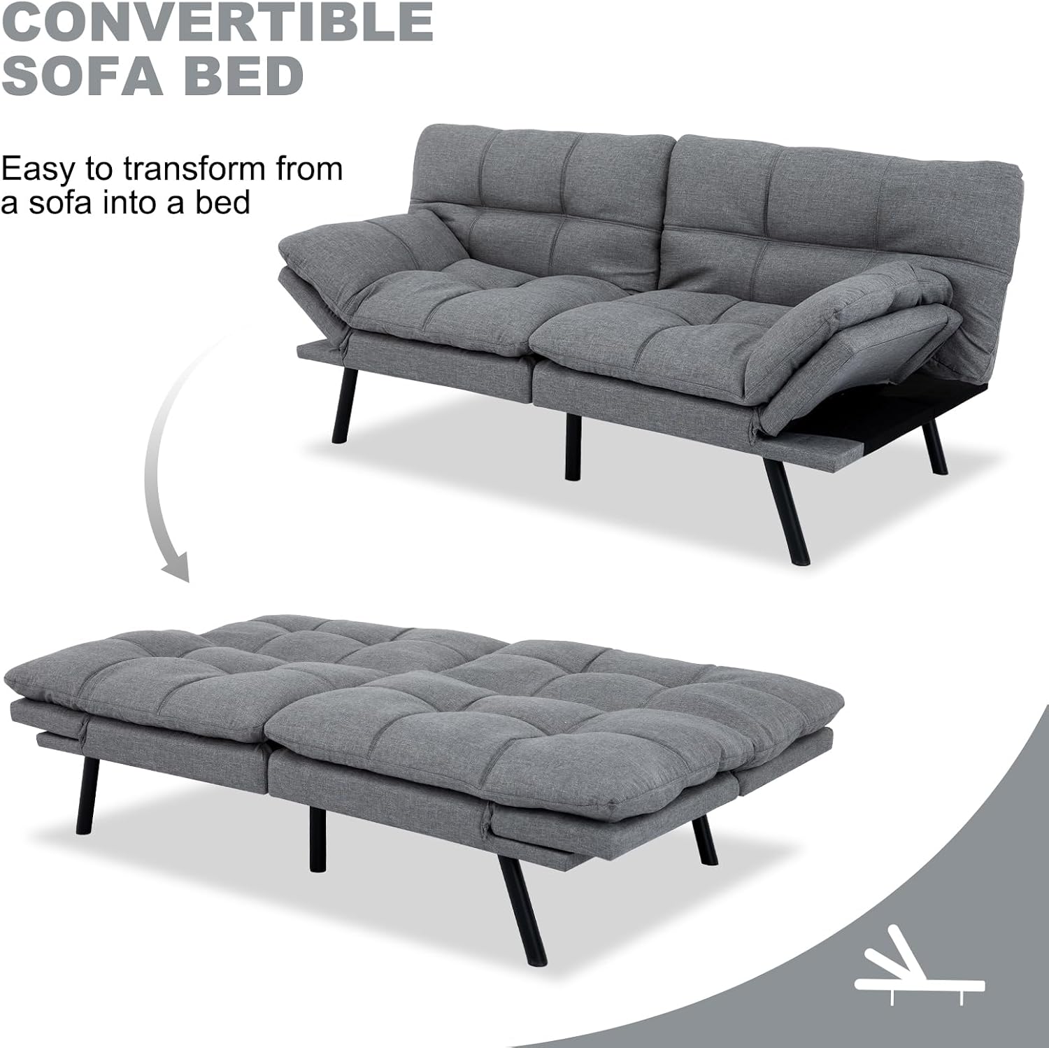 MUUEGM Futon Sofa Bed Convertible Couch,Memory Foam Futon Sofa Couch,Sleeper Futons Sofa Couches,Small Splitback Modern Loveseat Sofa Bed for Living Room,Office,Apartment,Linen Fabric,Light Gray.