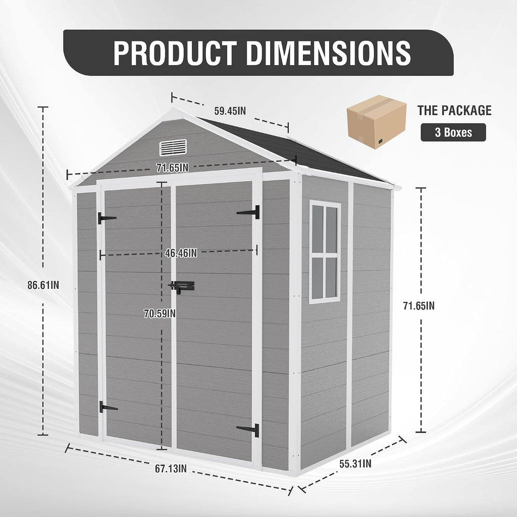 6x5 FT Outdoor Storage Shed, Plastic Garden Shed with Floor, Resin Storage Shed with Window, Waterproof Outside Tool Shed with Lockable Hinged Doors & Air Vents for Backyard, Patio, Lawn, Gray