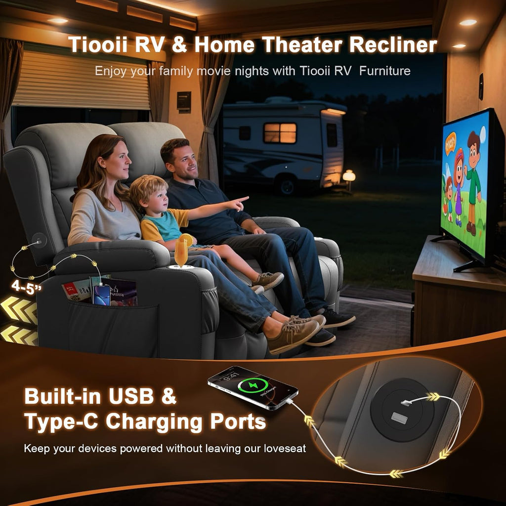 RV Loveseat Recliner Sofa, Massage Wall Hugger Recliners Couch with USB Port, Side Pockets, Cup Holders, 150° Reclining Sleeper, for RV Furniture & RV Camper & Home Theater Seating