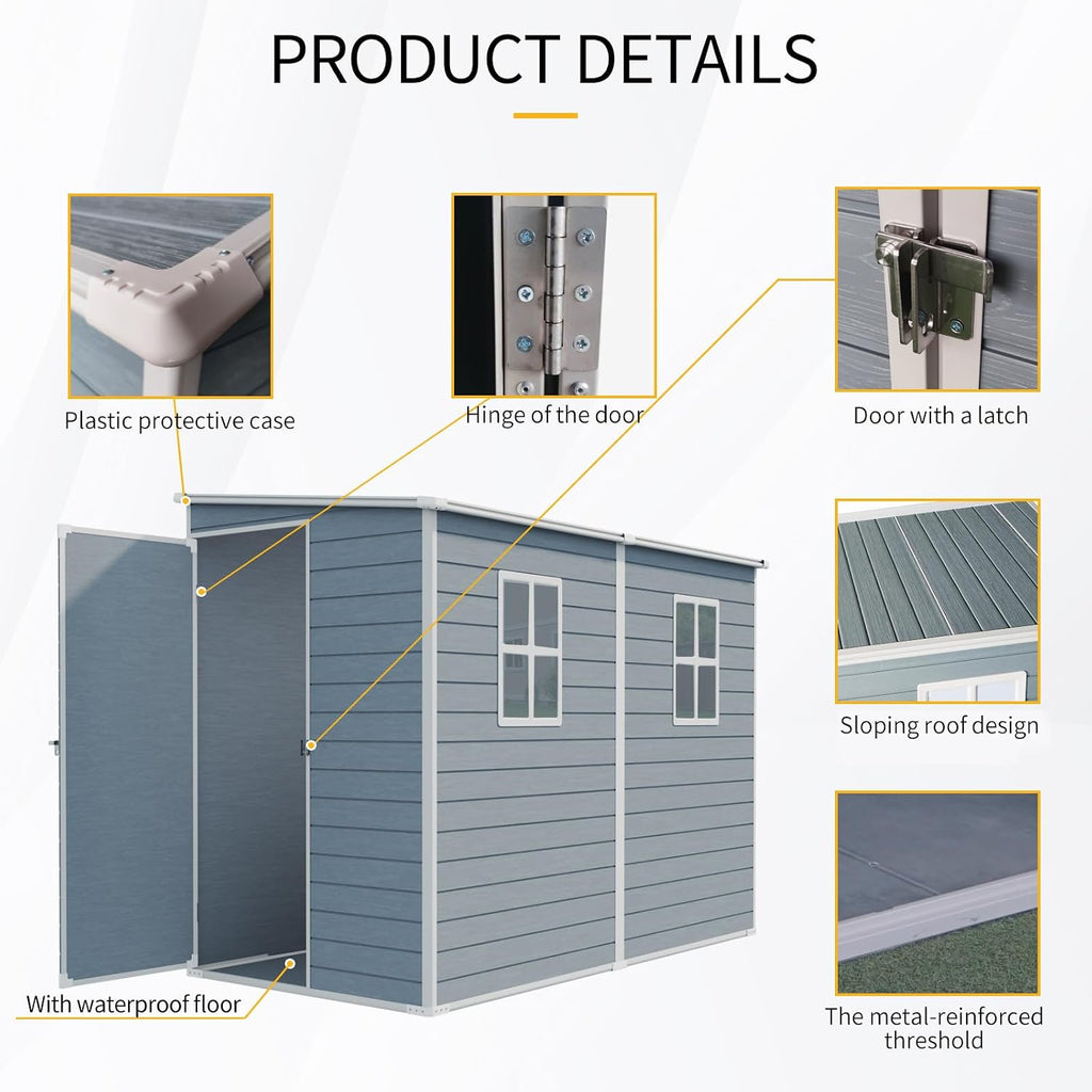YOPTO 4x8 FT Outdoor Storage Shed Plastic Shed W/Floor,Resin Lean to Shed W/ 2 Windows & Lockable Door,Garden Tool House W/Air Vent & Sloped Roof,All Weather Waterproof for Backyard,Patio,Lawn,Grey
