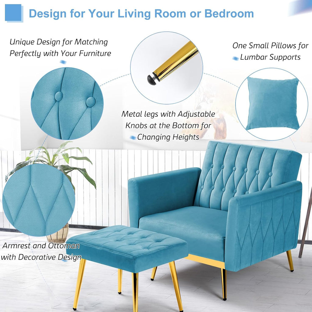 2 Pieces Velvet Sofa Set with Adjustable Armrest and Backrest, 70' Convertible Futon Sofa Bed & Mordern Accent Chair with Ottoman for Living Room, Bedroom, Baby Blue
