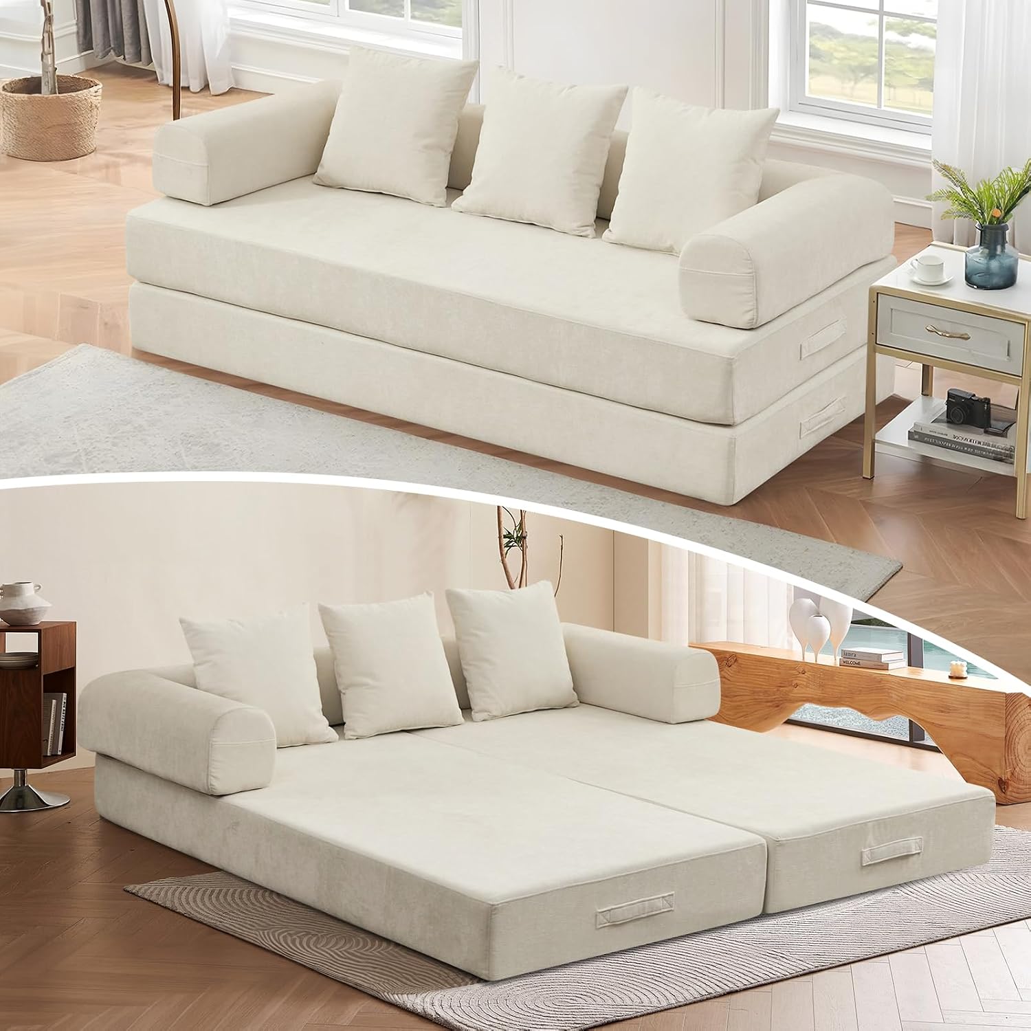 Futon Sofa Bed, Modular Convertible Folding 3 Seater Chenille Foam Floor Loveseat Sleeper Sofa Couch with 3 Pillows, No Assembly Compressed Boneless Couch, for Living Room Bedroom Guest Room, Beige