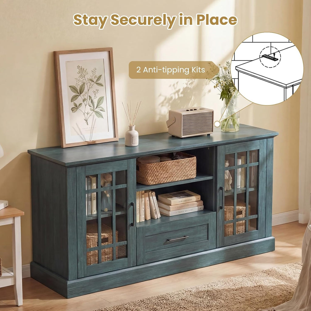 Giantex Farmhouse TV Stand for 65/70 Inch TV, Tall Entertainment Center with Storage Cabinets, Glass Doors, Drawer, Removable Shelves, Media TV Console Table for Living Room, Bedroom (Vintage Green)