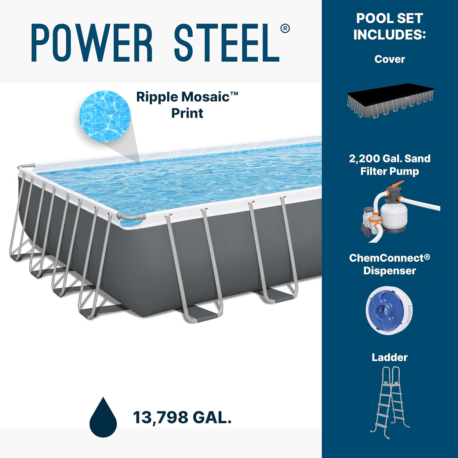 Bestway Power Steel 31'4' x 16' x 52' Above Ground Pool, Rectangular Metal Frame Outdoor Swimming Pool Set with Sand Filter Pump, Ladder, and Cover