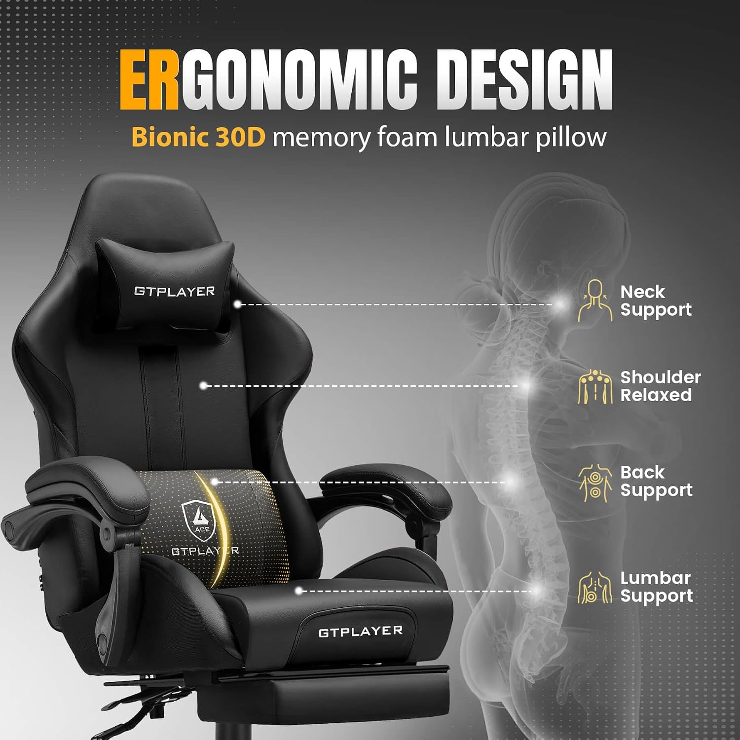 GTPLAYER Gaming Chair with Pocket Spring Cushion, Leather Office Chair with Ergonomic High Back & Lumbar Support for Back Pain Relief, Computer Game Chair for Adults, Black
