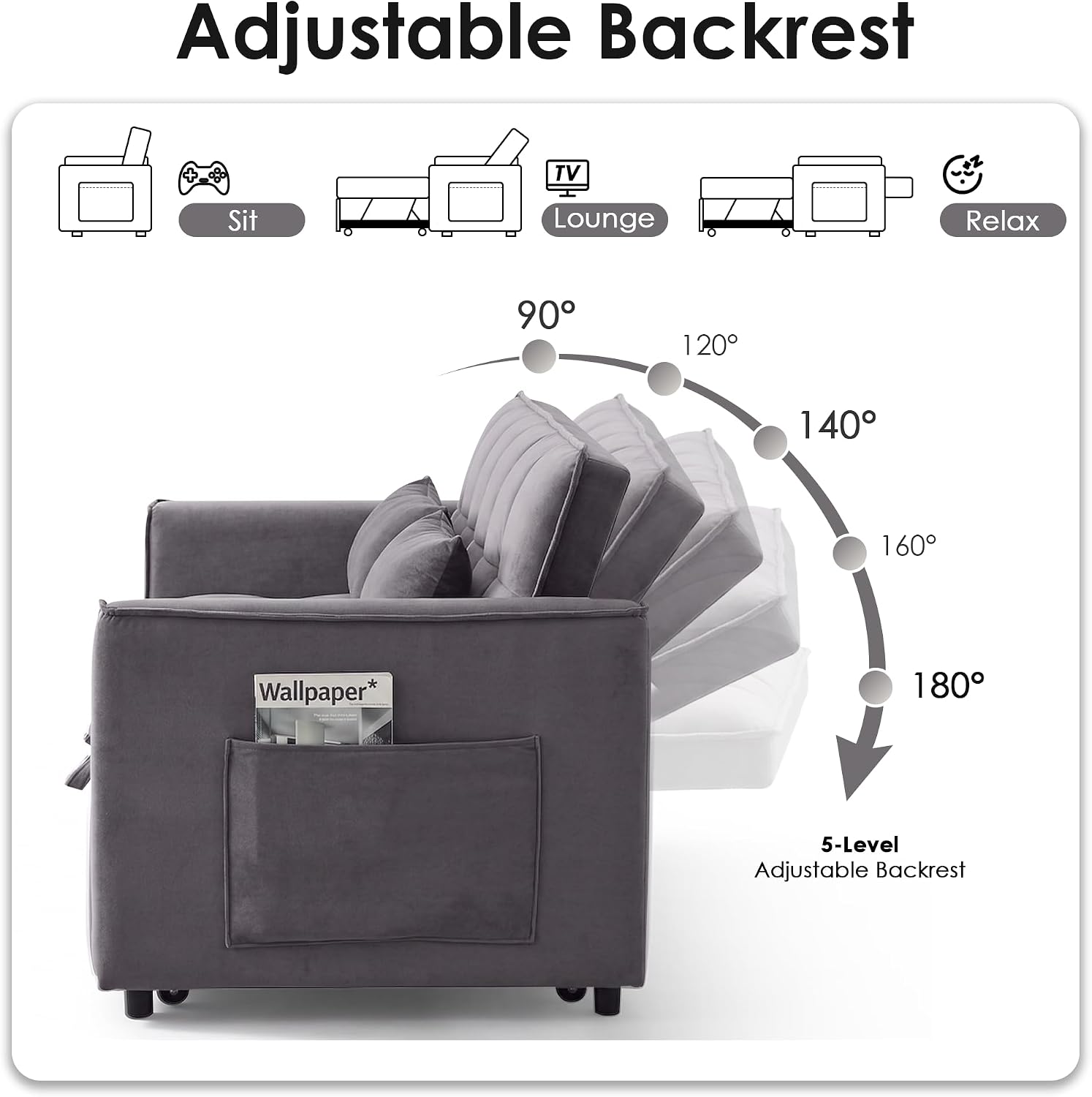 3 in 1 Convertible Sleeper Sofa Bed, 55' Pull Out Couches, Modern Loveseat Sleeper Sofa with Adjustable Reclining Backrest & Side Pockets for Living Room, Velvet Fabric, Dark Gray