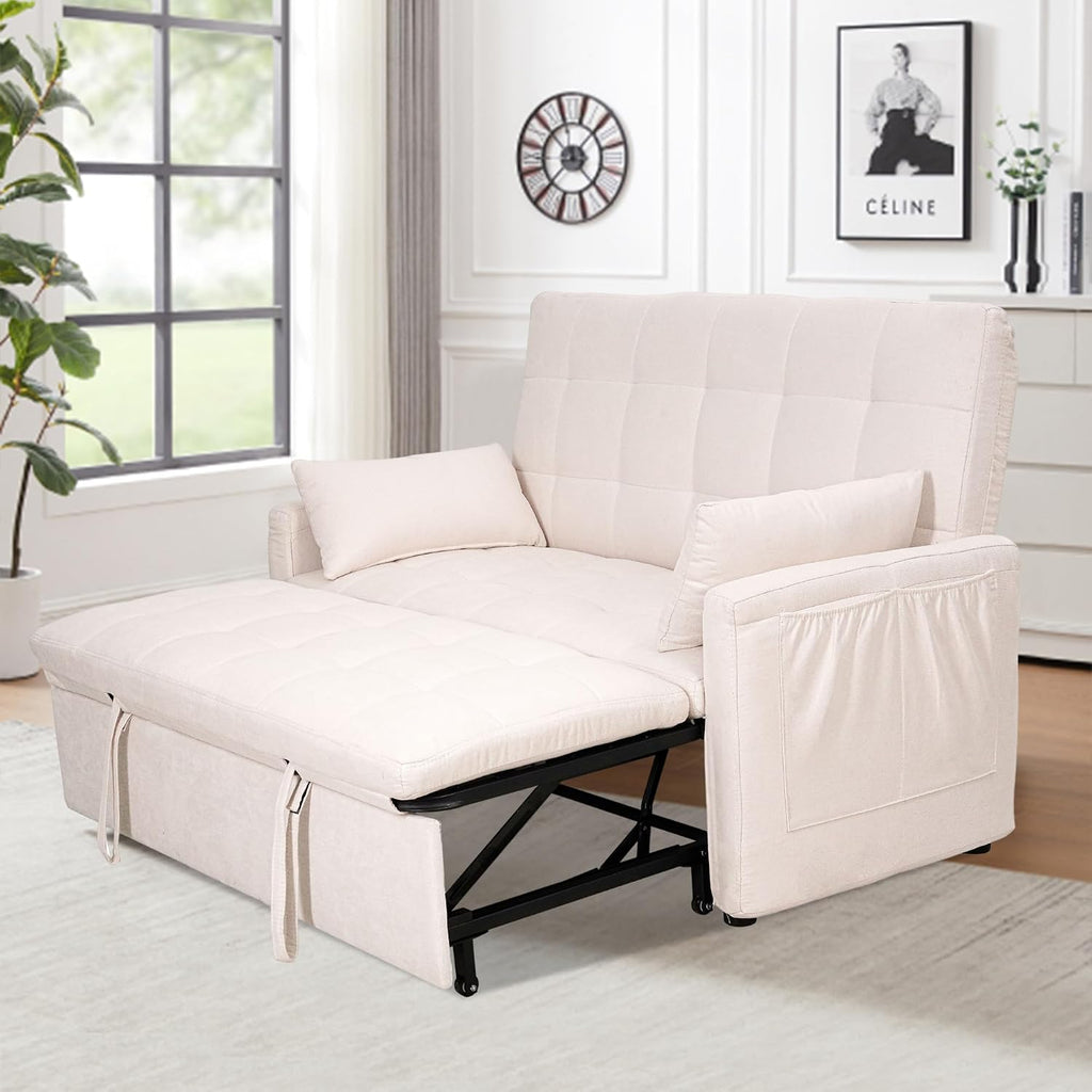 Oversized 3-in-1 Convertible Sleeper Sofa Bed, Futon Couch with Pullout Bed, 2-Seater Loveseat Sofa w/Pockets, Adjustable Backrest and Pillows for Living Room Apartment (White-Button Tufted)