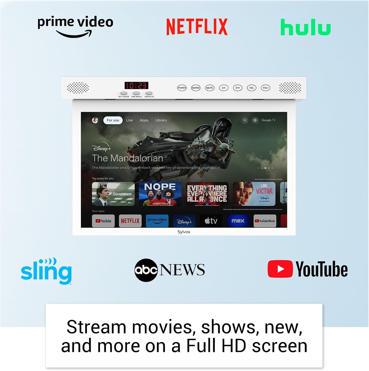 SYLVOX 15.6 inch Smart TV, 1080P FHD RV TV Under Cabinet Television, Android TV Rotated & Folded, Support Google Assistant WiFi Bluetooth, Small TV for Kitchen, Bedroom, RV Camper