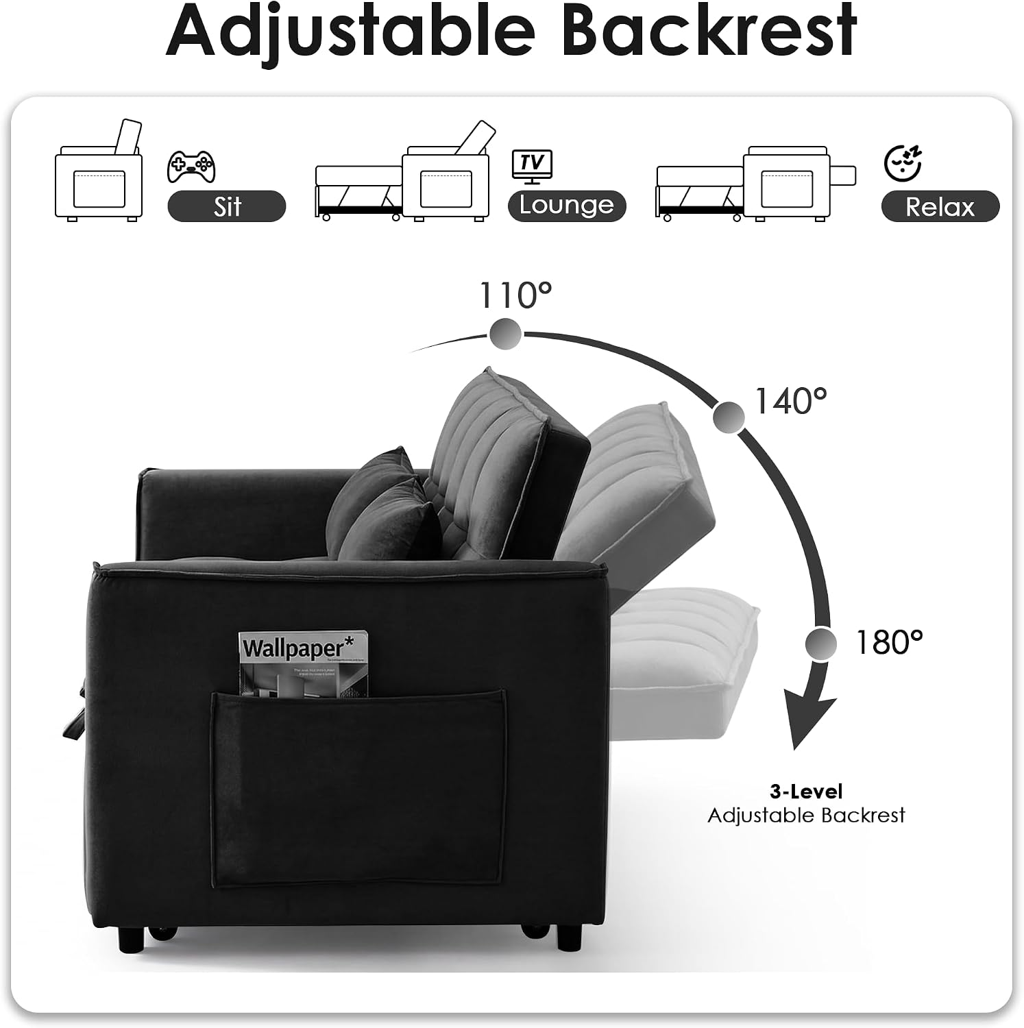 3 in 1 Convertible Sleeper Sofa Bed, 55' Pull Out Couches, Modern Loveseat Sleeper Sofa with Adjustable Reclining Backrest & Side Pockets for Living Room, Velvet Fabric, Black