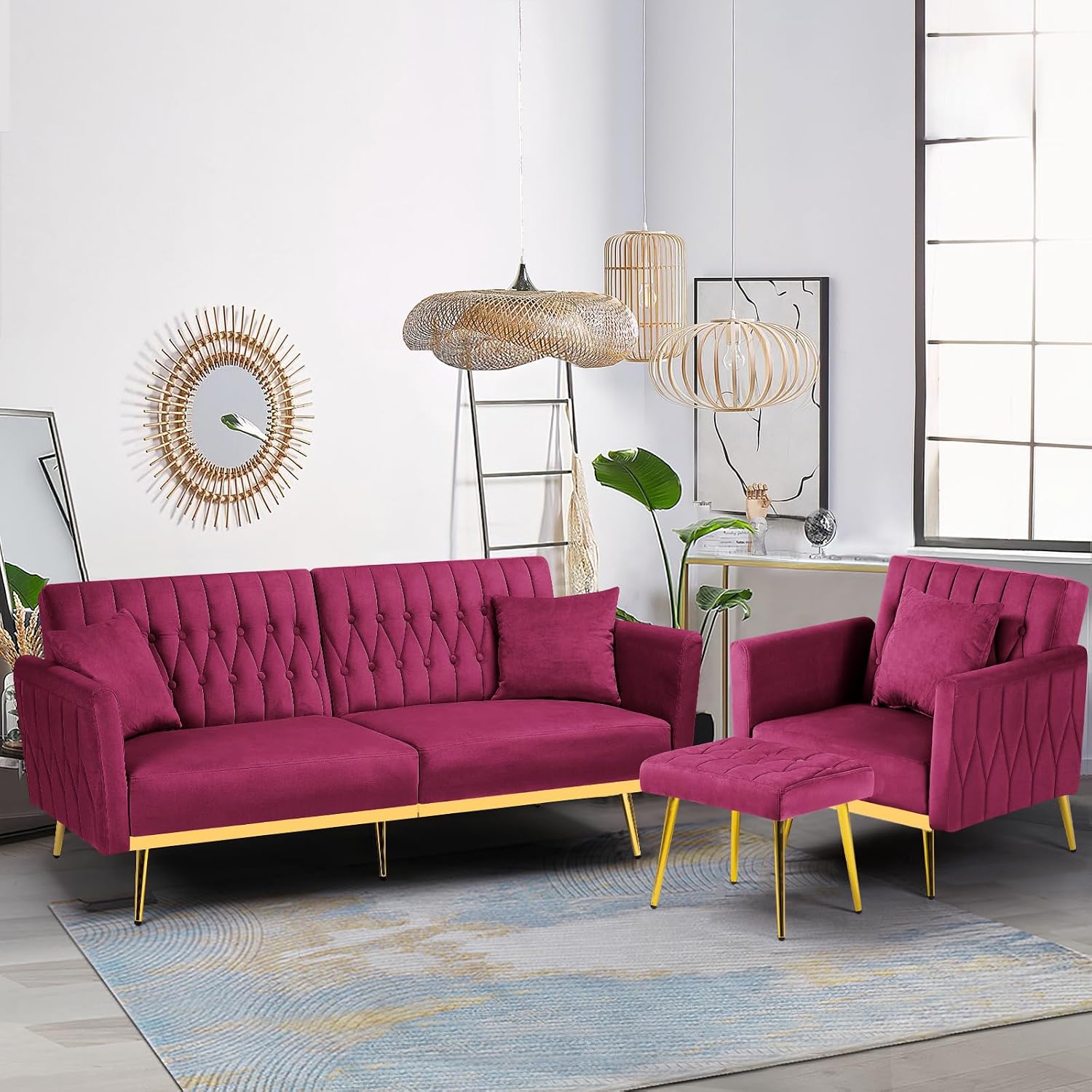 2 Pieces Velvet Futon Sofa Set with Adjustable Backrests and Armrests, 70' Convertible Sofa Bed & Tufted Accent Chair with Ottoman for Living Room, Fuchsia