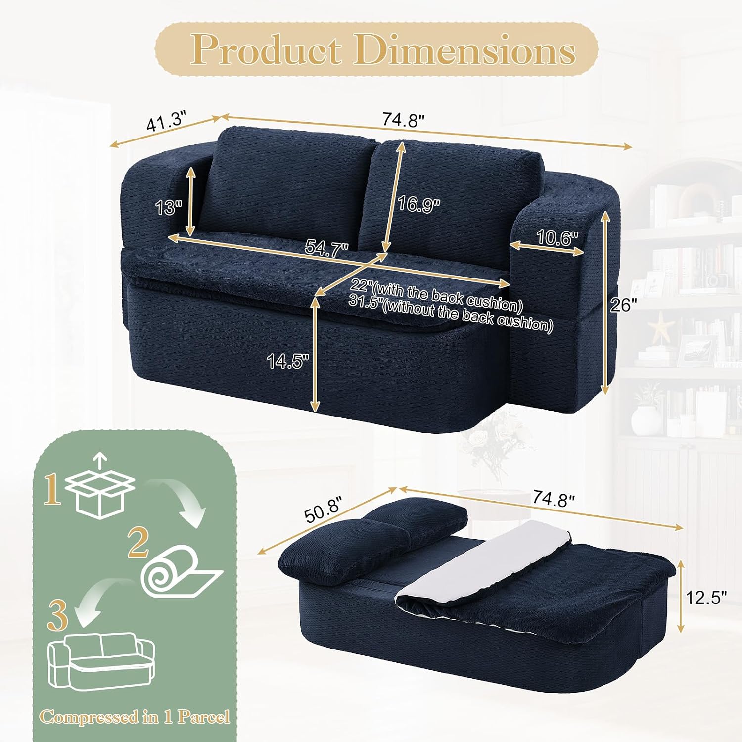 Futon Sofa Bed with Blanket, Convertible Folding Boneless Compressed Faux Fur Memory Foam Floor Loveseat Sleeper Sofa Couch Full Size Bed with Pillows for Guest Room Living Room Small Space, Blue