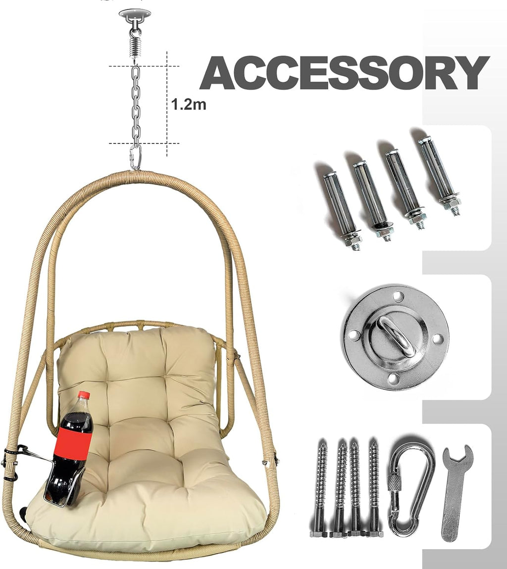 JESE Swing Egg Chair with Stand Foldable Wicker Frame UV Resistant Waterproof Cushion Hanging Chairs with Cup Holder 350lbs Capacity Swing Hammock Chairs for Patio Bedroom Indoor Outside (Beige)