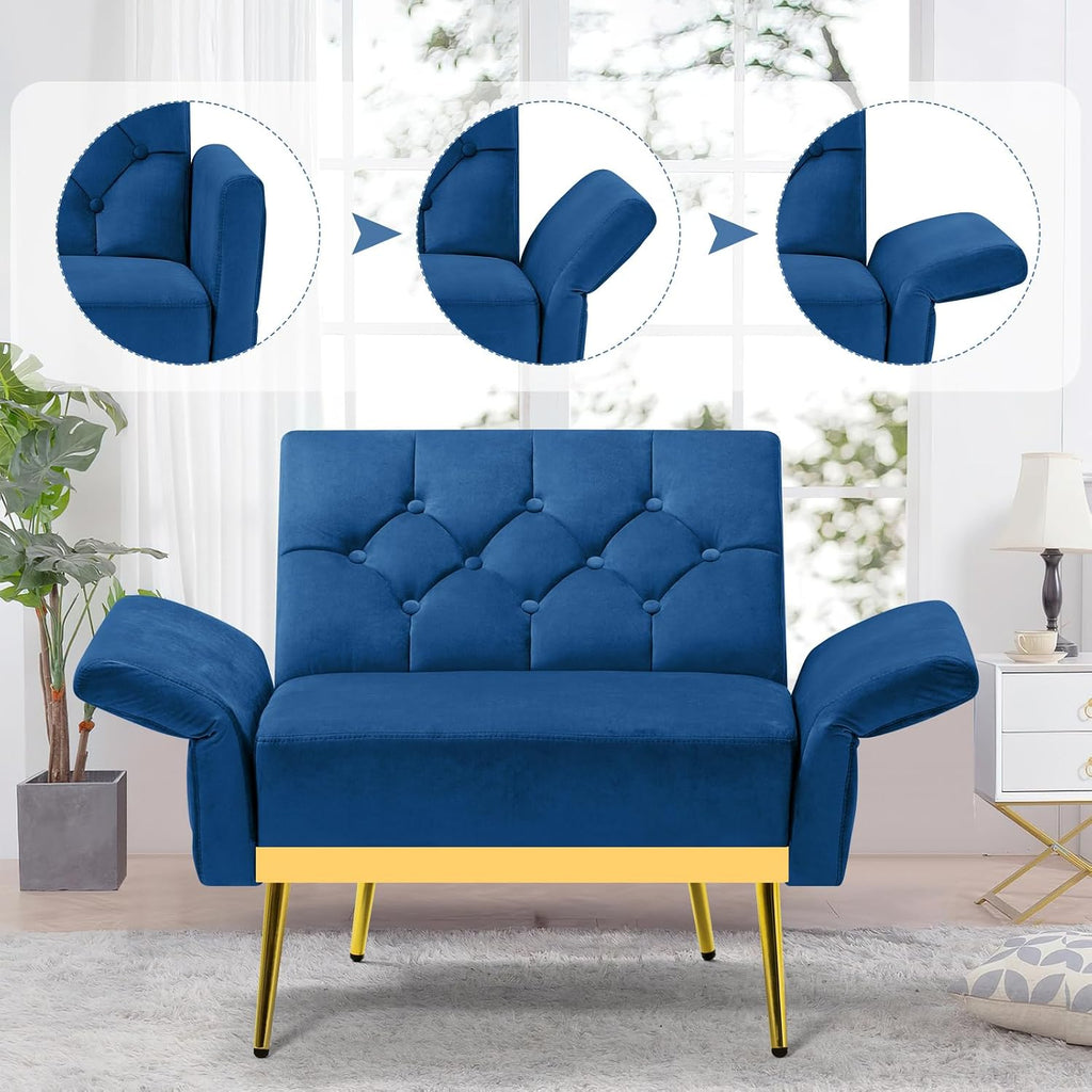 2 Pieces Velvet Sofa Set w/Adjustable Armrests and Backrests, Tufted Accent Chair w/Ottoman, Convertible Futon Sofa Bed for Bedroom, Living Room, Apartment, Blue