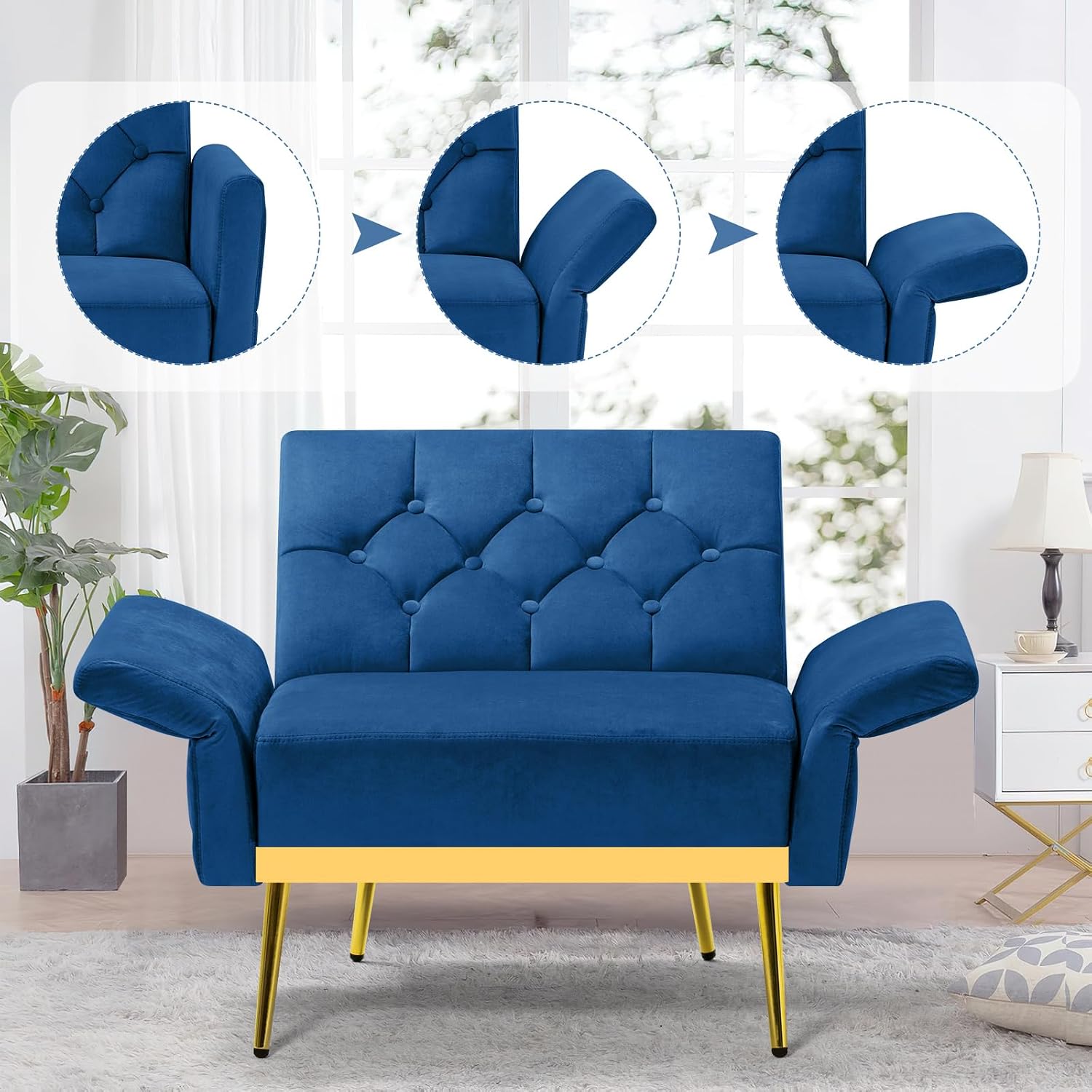 2 Pieces Velvet Sofa Set w/Adjustable Armrests and Backrests, Tufted Accent Chair w/Ottoman, Convertible Futon Sofa Bed for Bedroom, Living Room, Apartment, Blue