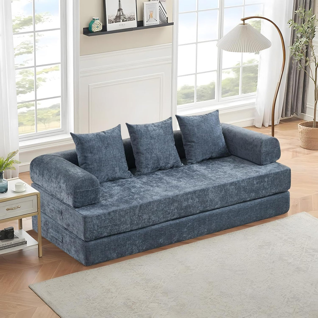 Futon Sofa Bed, Modular Convertible Folding 3 Seater Chenille Foam Floor Loveseat Sleeper Sofa Couch with 3 Pillows, No Assembly Compressed Boneless Couch, for Living Room Bedroom Guest Room, Blue