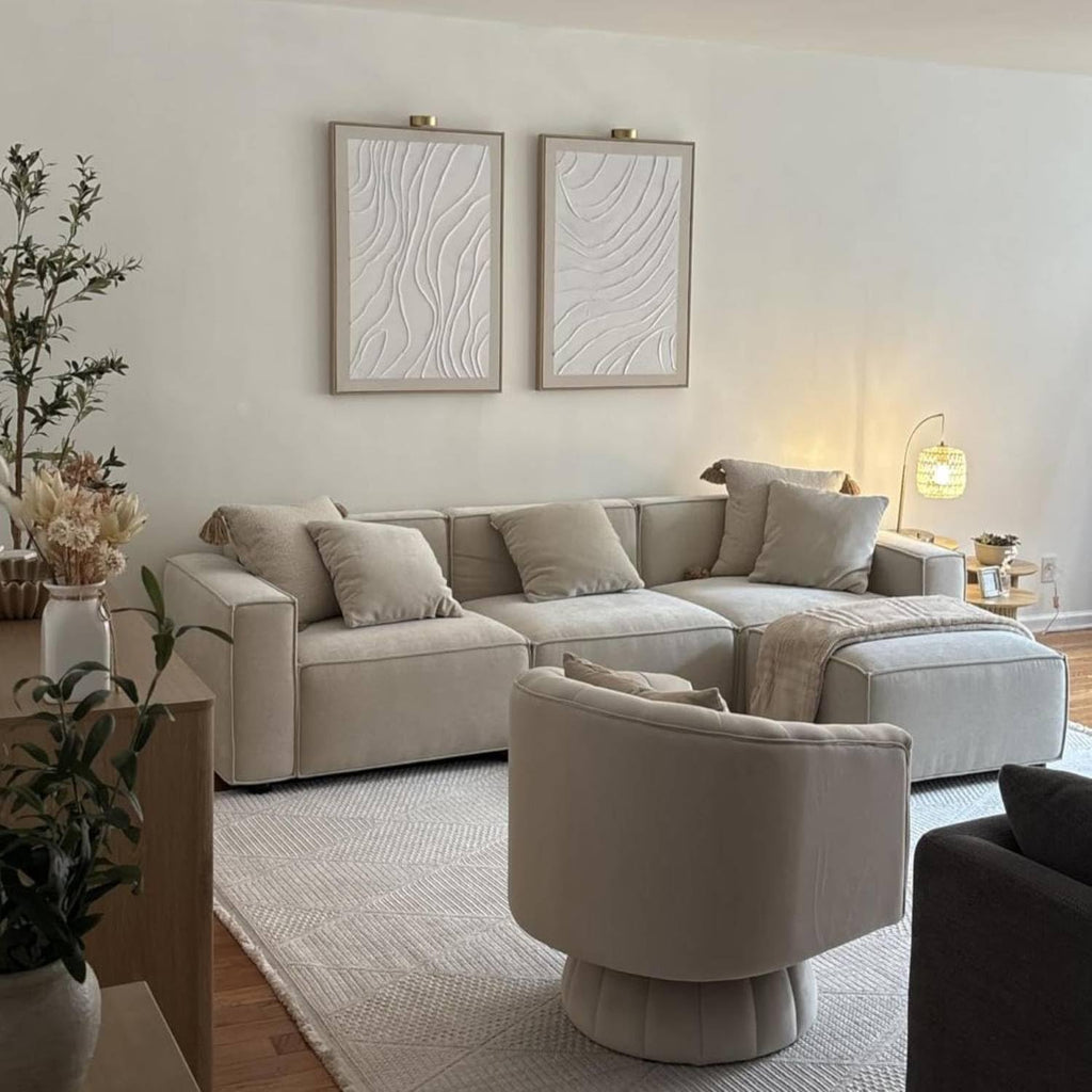 Acanva Luxury Modular Sectional Living Room Sofa Set, Modern Minimalist Style Couch with Ottoman and Chaise, L-Shape, Linen-Like Cream | Minimalist Style, With Ottoman, Modular Sectional