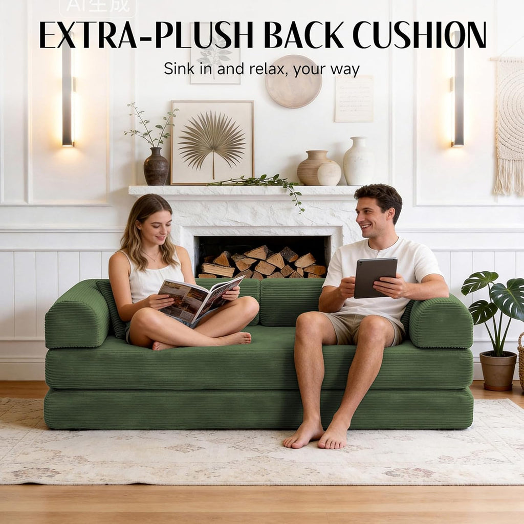 79'' Convertible Sofa Bed, Boneless Couch-in-a-Box, Corduroy Floor Futon Loveseat Sleeper, 26'' Deep Seat, Removable Machine-Wash Covers, No Assembly, 2 Pillows, Forest Green