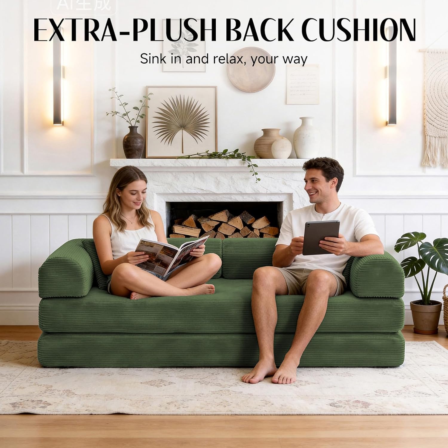 79'' Convertible Sofa Bed, Boneless Couch-in-a-Box, Corduroy Floor Futon Loveseat Sleeper, 26'' Deep Seat, Removable Machine-Wash Covers, No Assembly, 2 Pillows, Forest Green