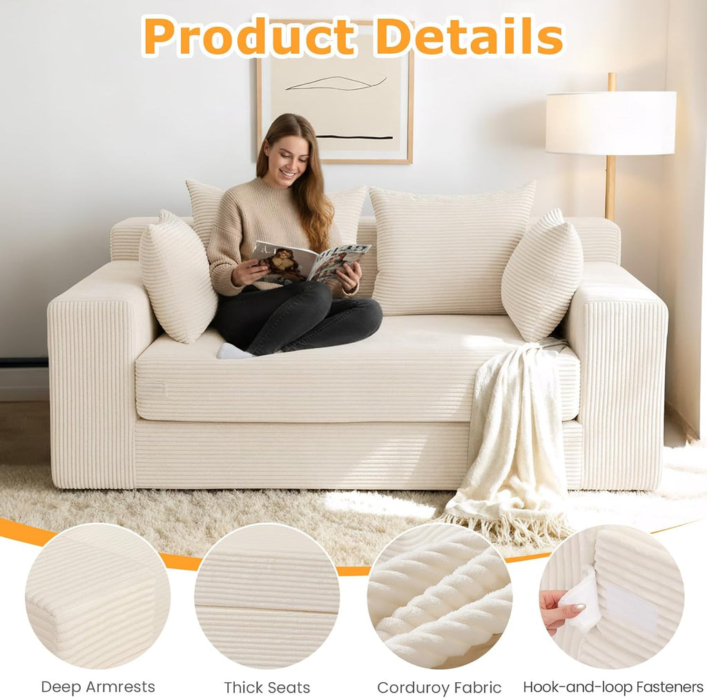 Boneless Loveseat Sleeper Sofa Bed, 3-in-1 Convertible Sofa Bed and Futon Couch with 4 Pillows, 55' Beige Boneless Couch for Living Room, Guest Room, Small Space, No Assembly Required, Corduroy