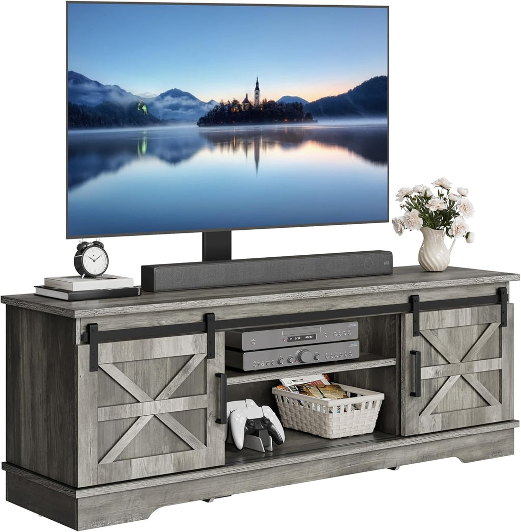 YITAHOME Farmhouse TV Stand for Living Room with Mount, Entertainment Center with 3 Height Adjustment for 32-70 inch TVs, Media Console Cabinet with Sliding Barn Door, Grey