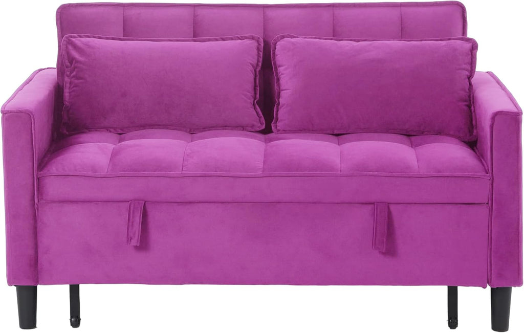 3 in 1 Convertible Sofa Bed, Love Seat Sleeper Bed with Side Pockets, Velvet Fabric Pull Out Couch with Adjustable Backrest for Living Room, Bedroom, Apartment, Deep Pink