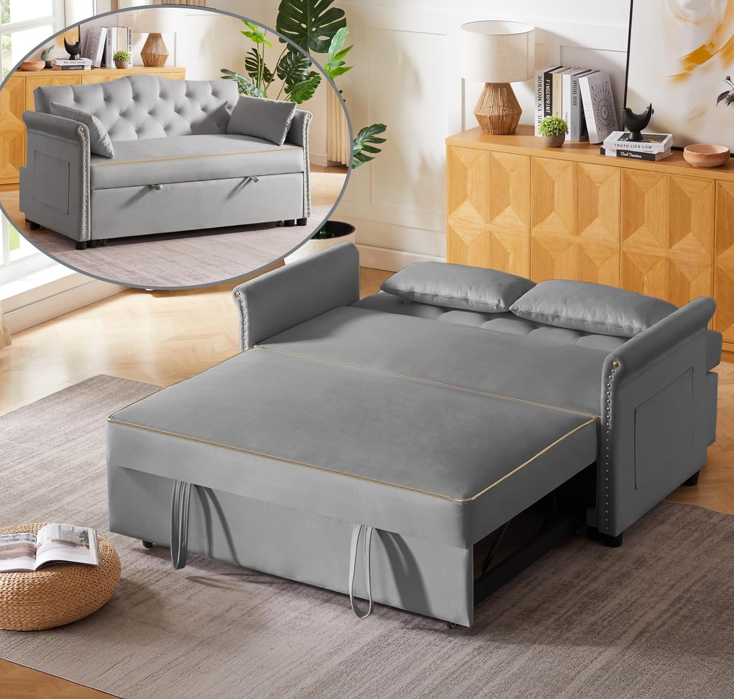 oaaktu 57-Inch Velvet Full Size Sleeper Sofa Couch with Pullout Bed,Convertible Pull Out with Golden Decorative Strip and Adjustable Backrest for Small Spaces,Apartment, Guest Room, RV (Grey)