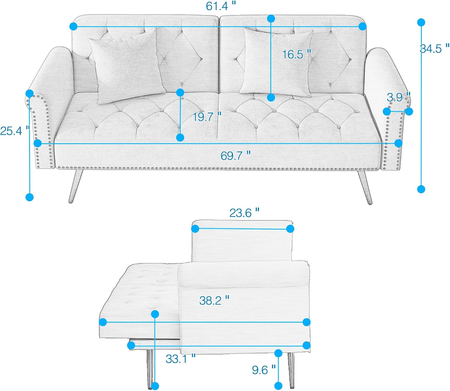 KEIKI 70' Folding Futon Sofa Couch w/Adjustable Backrest, Mid Century Modern Loveseat Convertible to Sleeper Bed, Small Comfy Velvet Cloud Couch SofaBed for Living Room & Bedroom, 2 Pillows, Black