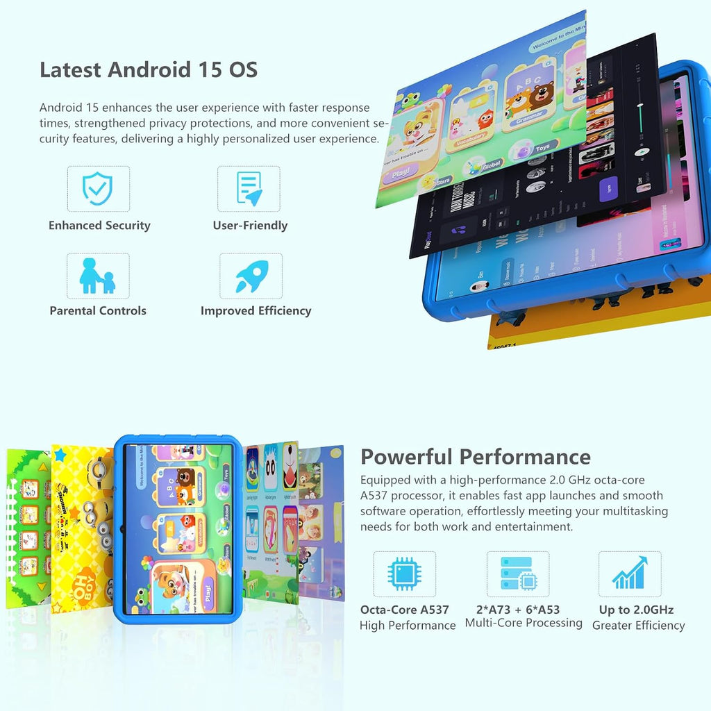 NRKDUBQ 2025 Latest 10.1 inch Kids Tablet Android 15 Tablets for Kids with EVA Protective Case 20GB RAM 128GB Storage Toddler Tablet, Parental Controls, 12-hr Battery, WiFi, GPS, Blue