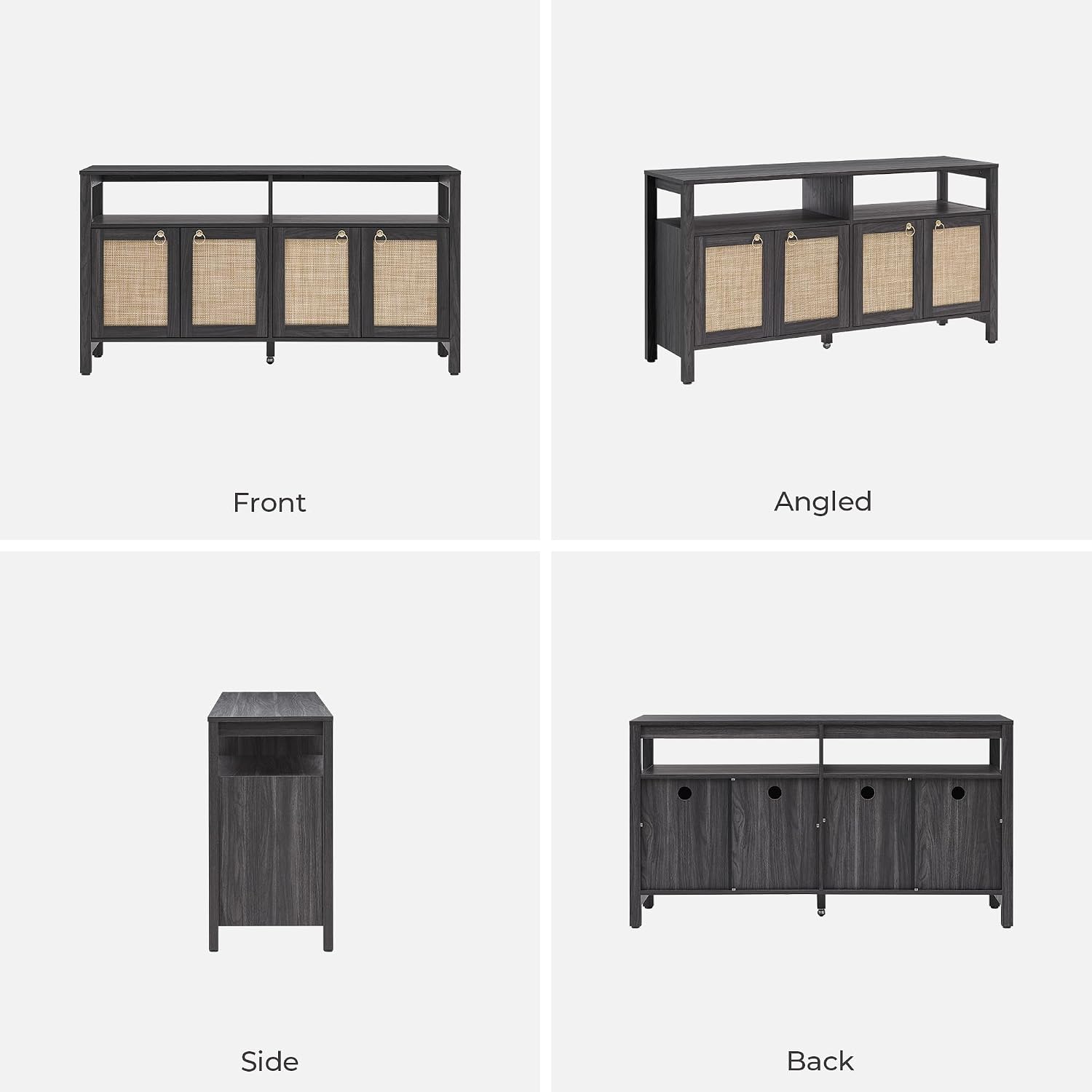 SICOTAS Rattan TV Stand for Television up to 65 Inch - 29.5' Tall Entertainment Center with Storage and Open Shelves,Boho Credenza TV Console Cabinet with 4-Doors and Adjustable Shelf for Living Room