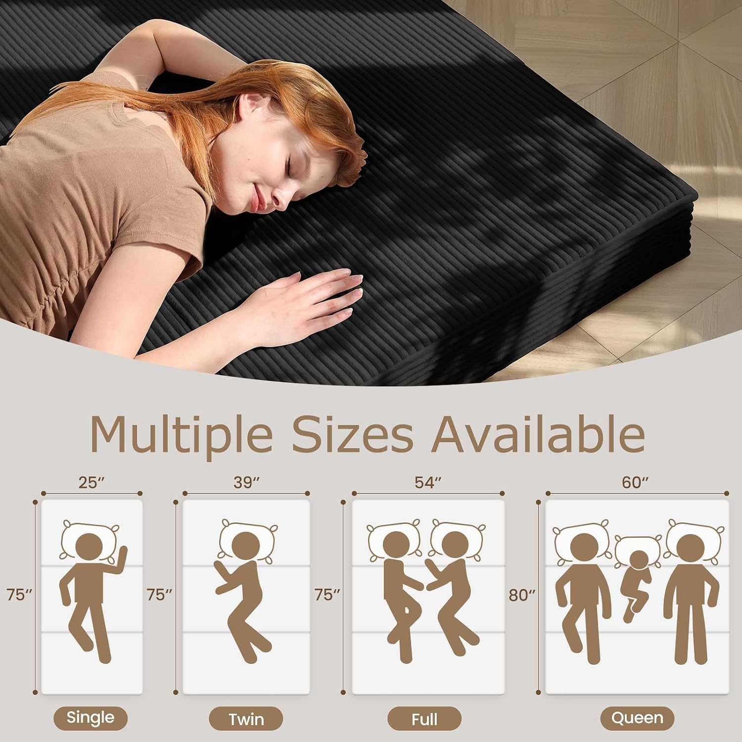 6-Inch Tri-Folding Mattress Full Size - Foldable Futon Sofa Bed with Removable Washable Cover, Folding Mattress | Non-Slip Bottom & Carry Handles for Guest, Camping, Dorm